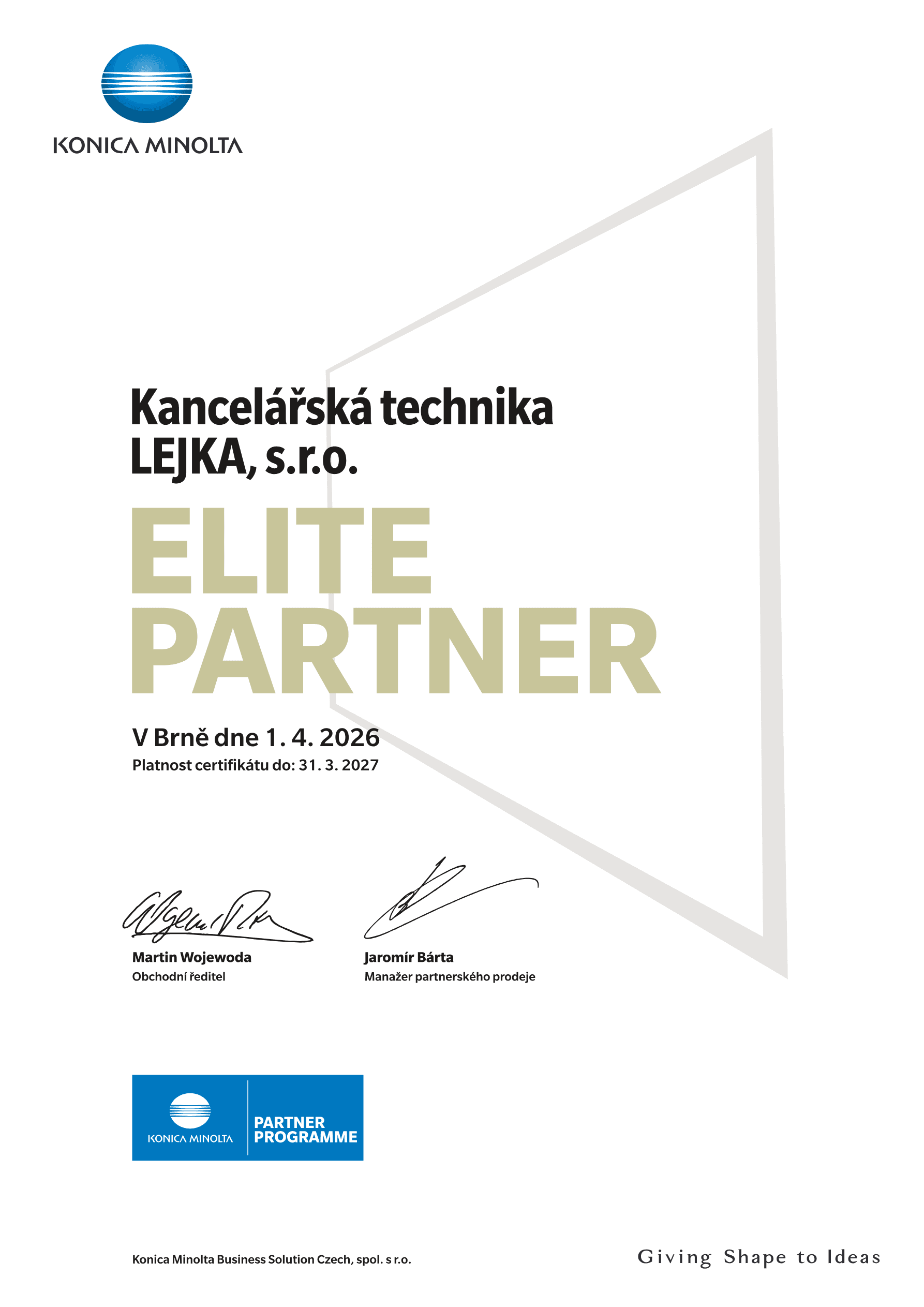 Elite Partner certifikát Konica Minolta 2026 - Kancelářská technika LEJKA, s.r.o.